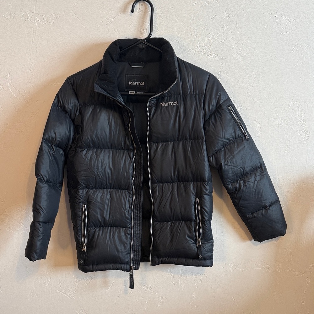 Marmot Dark Puffer Jacket with Zippered Details